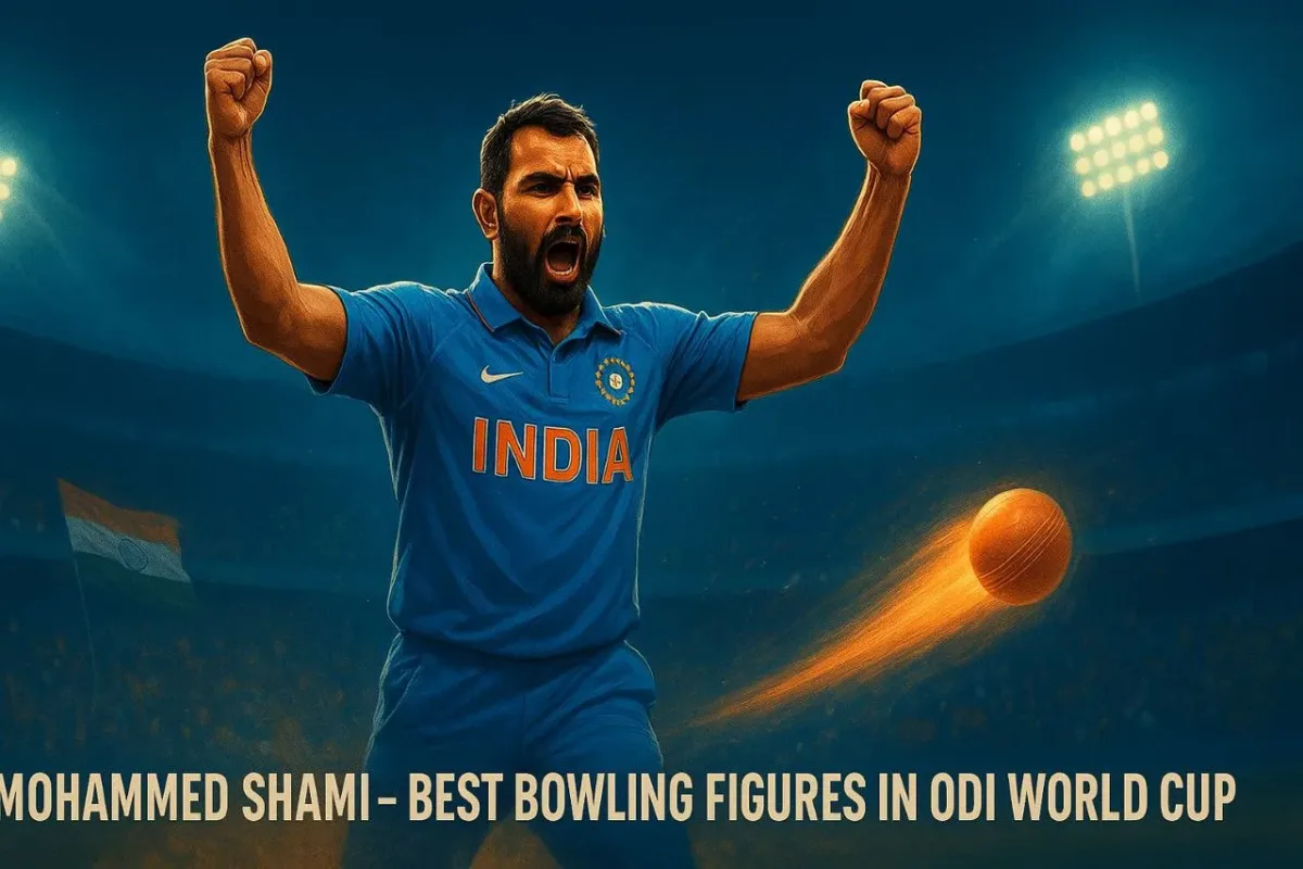 Illustration of Mohammed Shami celebrating a wicket in India’s blue jersey, symbolizing his record-breaking bowling performance in the ODI World Cup.