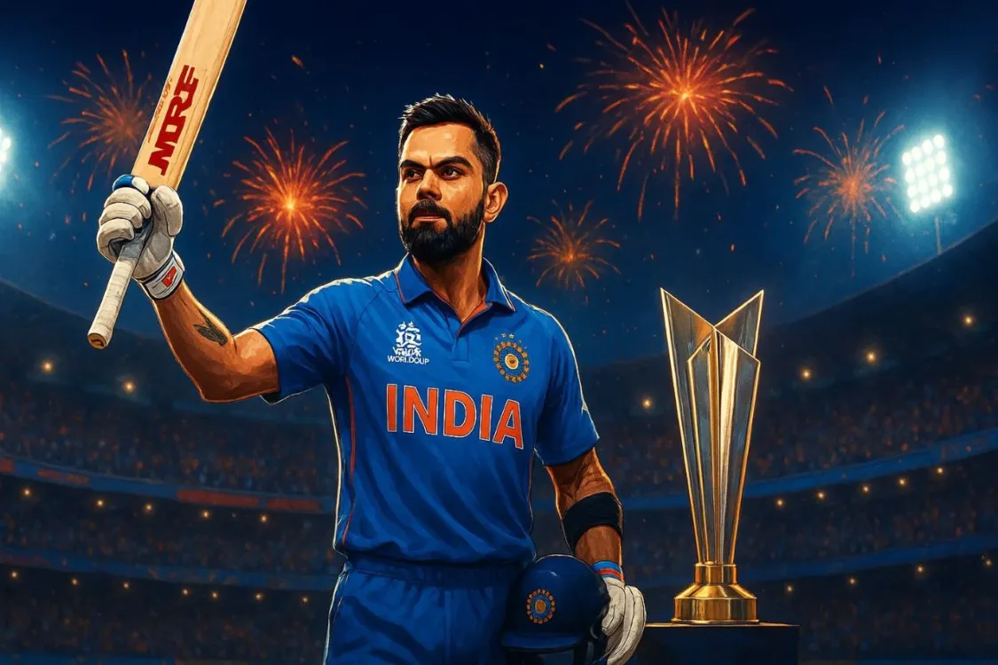 High-resolution sports illustration of Virat Kohli celebrating after a fifty in the T20 World Cup, wearing India’s blue jersey, raising his bat beside the glowing T20 World Cup trophy with fireworks in the background.