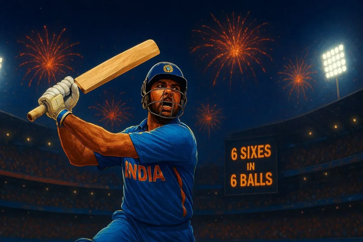 High-resolution sports illustration of Yuvraj Singh mid-swing after hitting six sixes in an over during the 2007 T20 World Cup, wearing India’s blue jersey, with fireworks and the scoreboard showing “6 Sixes in 6 Balls” in the background.