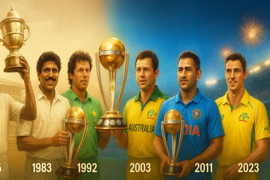 A cinematic sports illustration showing ODI World Cup champions from 1975 to 2023 — featuring Clive Lloyd, Kapil Dev, Imran Khan, Ricky Ponting, MS Dhoni, and Pat Cummins holding trophies across eras, symbolizing the evolution of cricket glory.