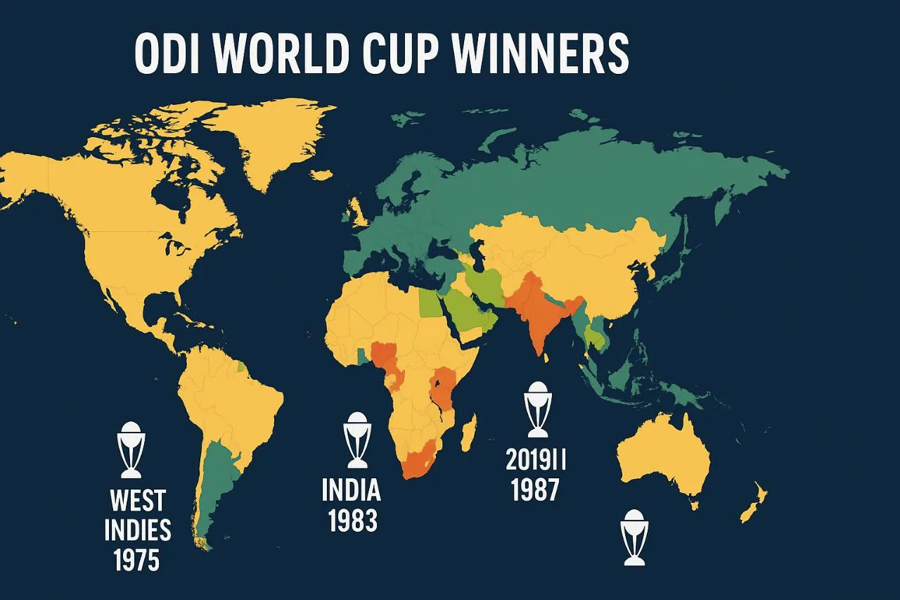 World map infographic showing all ODI World Cup-winning countries highlighted in color, with trophy icons and year labels beside each nation, representing champions from 1975 to 2023.