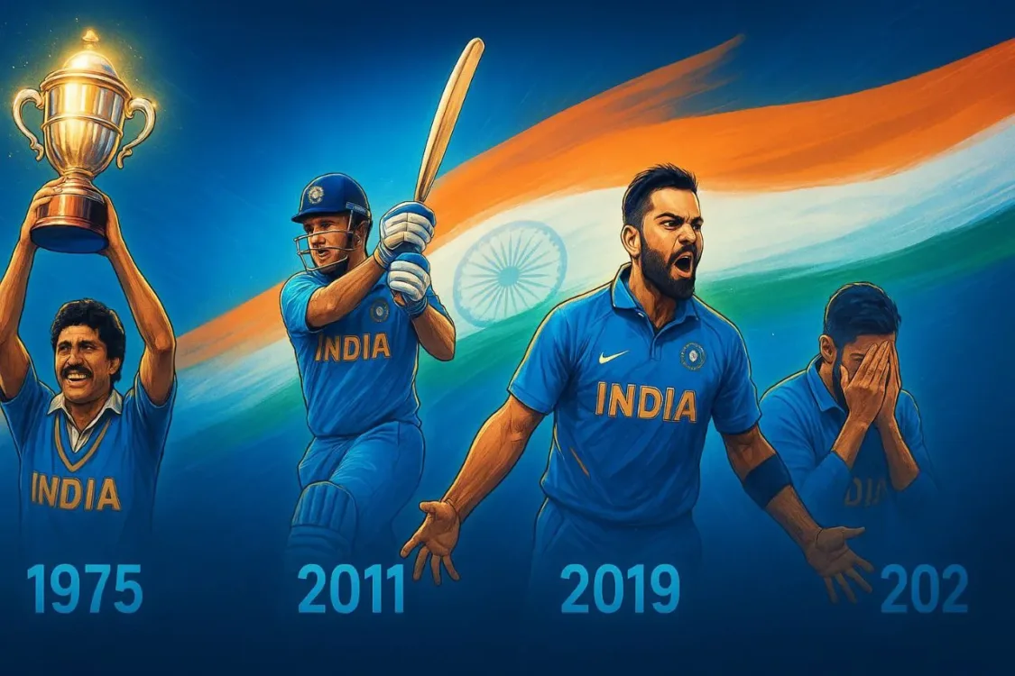 Digital illustration of India’s ODI World Cup journey (1975–2023), featuring Kapil Dev (1983), MS Dhoni (2011), Virat Kohli (2019), glowing trophies, and the Indian tricolor flowing across the background.