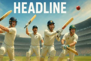 A dynamic sports illustration showing Ben Stokes, Brendon McCullum, Virender Sehwag, and Adam Gilchrist hitting sixes in Test cricket, symbolizing the most sixes in Test cricket.
