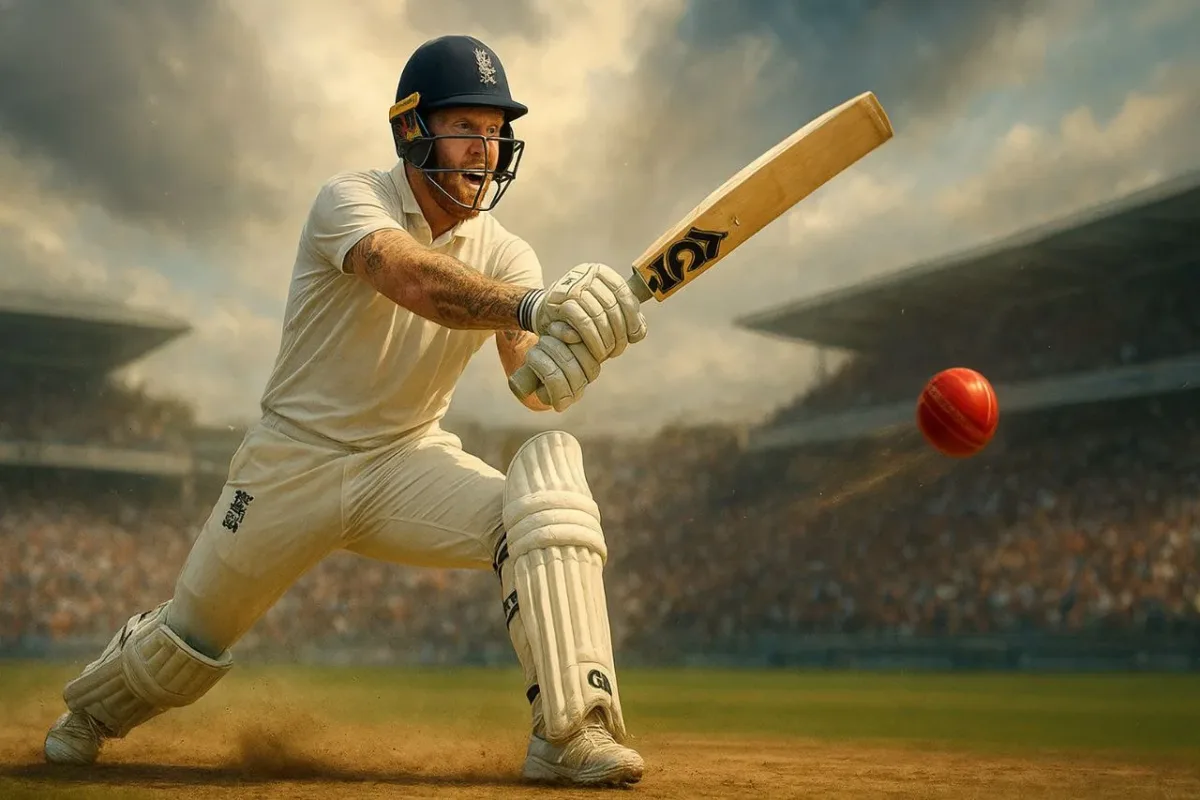 A realistic digital illustration of Ben Stokes hitting a six in Test cricket, showcasing his explosive batting power and fearless style for England.