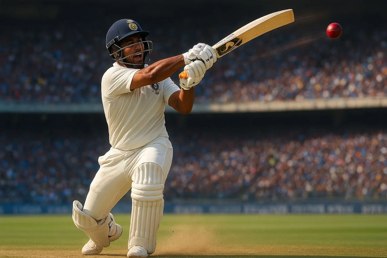 A dynamic digital illustration of Rishabh Pant hitting a massive six in Test cricket, symbolizing his fearless and explosive batting style for India.