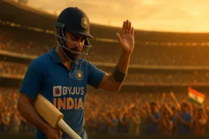 Virat Kohli walks back sadly after consecutive ducks in his last ODI series in Australia, thanking fans with a raised bat gesture at sunset.
