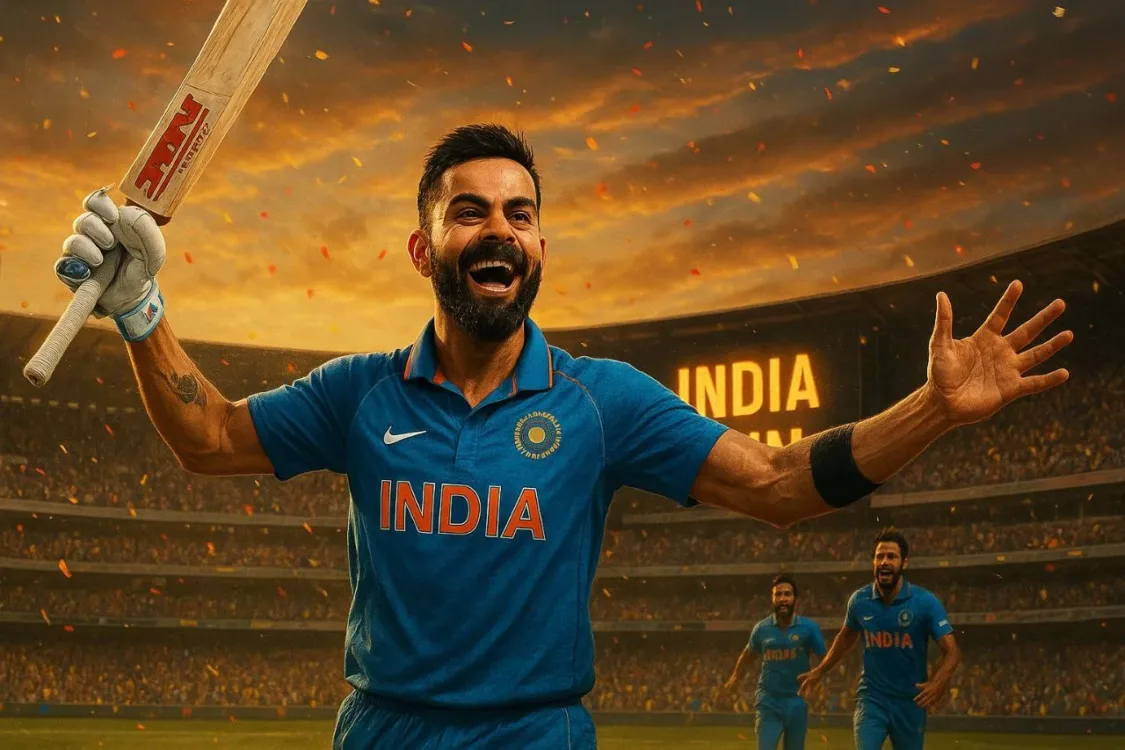 Virat Kohli celebrates joyfully after scoring the winning runs in Australia, holding his bat high under a golden sunset at MCG — symbolizing triumph despite ODI retirement rumors.