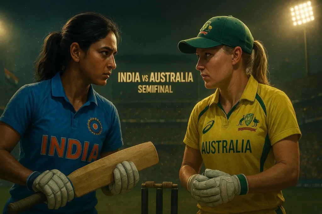 Cinematic illustration showing Harmanpreet Kaur of India and Alyssa Healy of Australia locking eyes during the Women’s Cricket World Cup semifinal under floodlights, symbolizing fierce rivalry and respect.