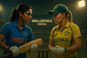 Cinematic illustration showing Harmanpreet Kaur of India and Alyssa Healy of Australia locking eyes during the Women’s Cricket World Cup semifinal under floodlights, symbolizing fierce rivalry and respect.
