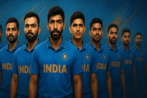 High-resolution graphic showing the Indian cricket ODI squad with Rohit Sharma, Virat Kohli, Shubman Gill, Hardik Pandya, and Jasprit Bumrah standing in blue jerseys before the South Africa ODI series.