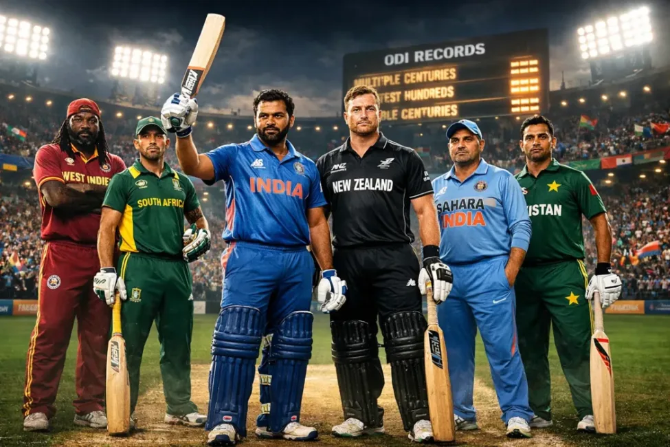 Rohit Sharma and Martin Guptill standing at the center of legendary ODI batsmen including Chris Gayle, AB de Villiers, Virender Sehwag, and Fakhar Zaman under bright stadium floodlights with a packed crowd and glowing ODI records scoreboard in the background.